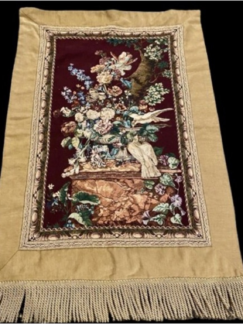 Vintage Wall Tapestry Aubusson Style Floral Birds Fringe Woven Textile 55” x 37”